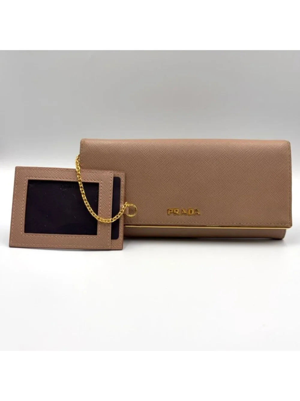 Prada Saffiano Metal Bifold Leather Pink Beige Wallet Gold